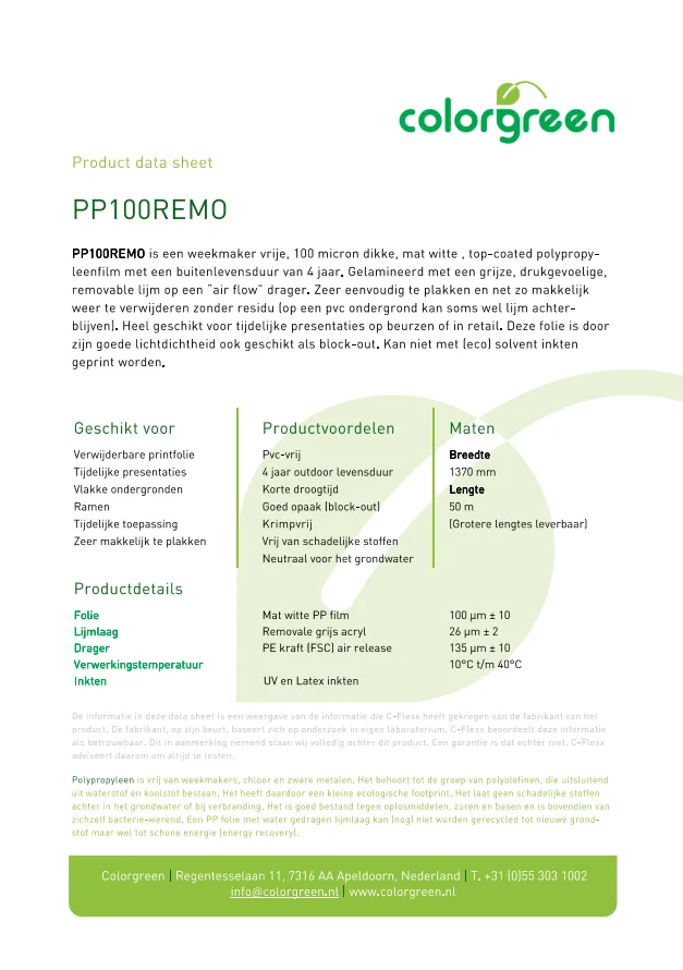 Datasheet voor Colorgreen PP100REMO